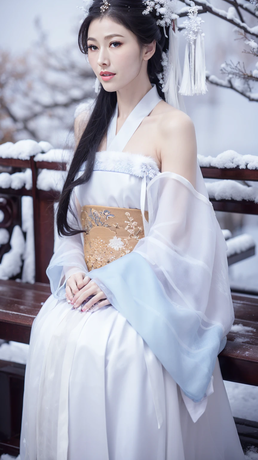 1 Fashion Model [[[[close up]]]], [[[[neck]]]], [[[[Shoulder]]]], (((Complete head)))，(((Complete hairstyle)))，Perfect eyes, Perfect Iris，Perfect lips，Perfect Teeth，Perfect skin，White skin，Soft headlights，High-density imaging，Black long hair，（Clean and delicate face），((White fur winter hanfu))，((full-body shot))，((The background is a snowy scene))，((winter))，((Various dynamic poses))，((The background is a snowy scene))，best quality，masterpiece，（Soft colors：1.2）