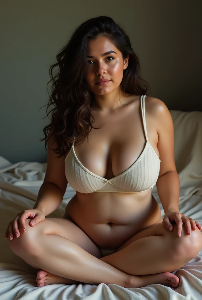 A brunette girl with curly hair and big breasts sits with her legs stretched out, taking a realistic photo