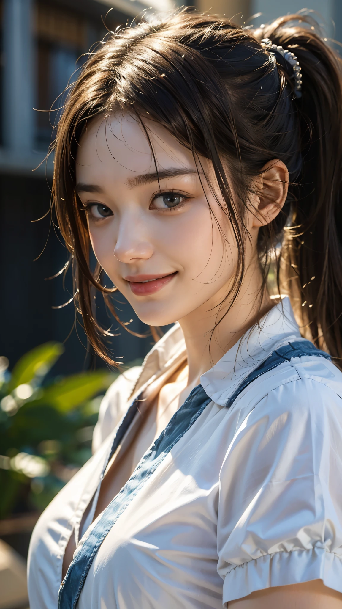 Highest quality, masterpiece, Ultra-high resolution, (Realistic:1.4), (Close-up portrait) RAW Photos, 1 girl, 2, (((One Piece White))), Wink,masterpiece, Realistic pictures, Japanese Photos, Fuji Negative Film, saturation, Contrast, Pocari Sweat advertisement ((Small breasts)),((Smiling with teeth showing)),Long Hair Top Ponytail,Brown Hair,