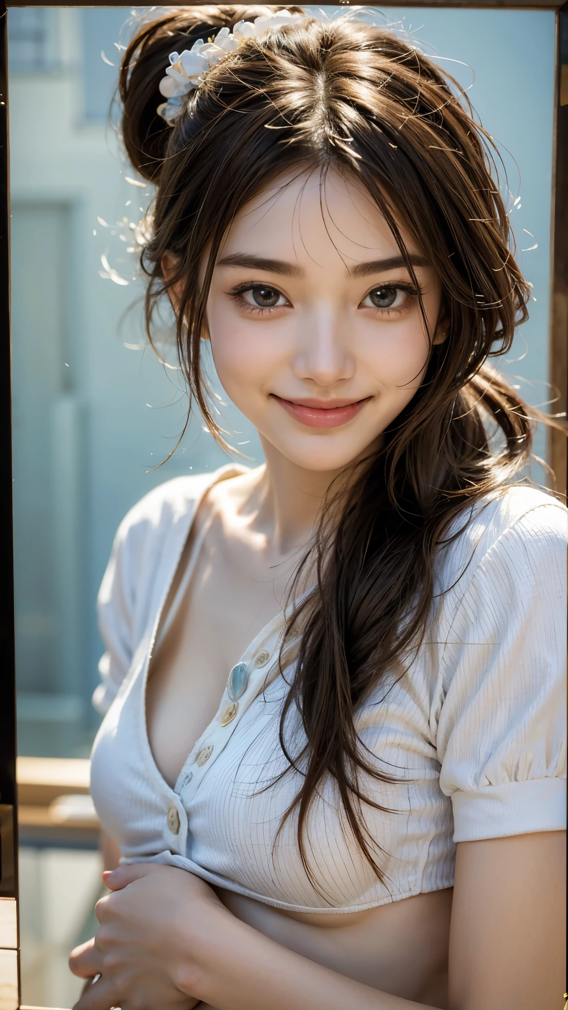 highest quality, masterpiece, Ultra-high resolution, (Realistic:1.4),((Small and thin face:1.2)), (Close-up portrait) RAW Photos, 1 girl,20-year-old,((Wink)),((Sticking out tongue)),((Asian Fashion)),Messy Hair,((Dark Chestnut Hair)),((Short bangs)),((Smiling with teeth showing)),