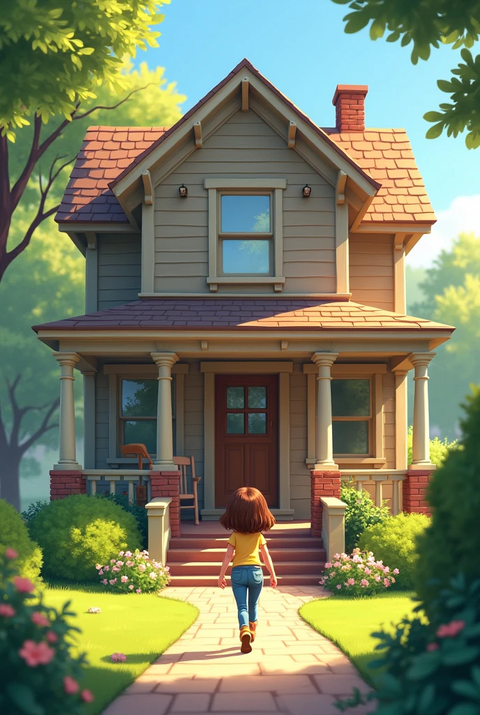 Girl arriving at a two-story house