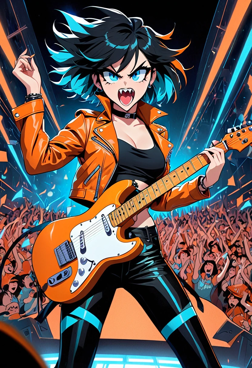 illustration, detailed illustration, ultra detailed, dynamic angle, 30 year old woman, short black hair, hair with cyan streaks, mismatched eyes, orange eye, blue eye, lean, medium breasts, black bikini top, black leather pants, orange leather jacket, playing cyan electric guitar, dark arena, stage, audience, dynamic pose, snarl, mean face