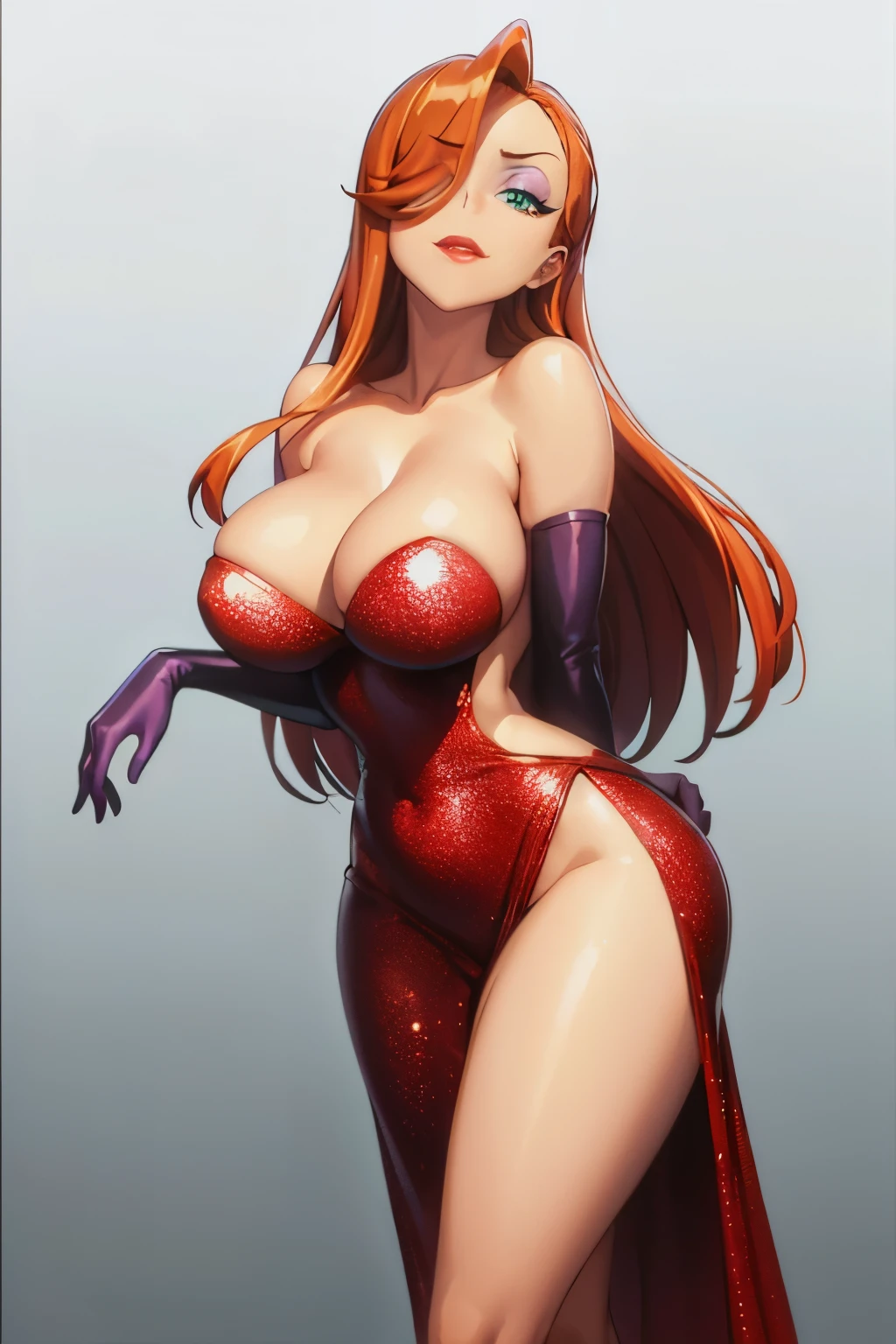 Cartoon_Jessica_rabbit_aiwaifu,aiwaifu,hair over one eye,Red hair,narrow waist,elbow gloves,purple gloves,very long hair, Long hair, tall woman, toned,make up,dress,Lipstick,bare shoulders,big breasts,neckline,red dress,Strapless,shadow,Strapless dress,side slit,jewelry,earrings,green eyes,thighs,huge breasts,red Lips,Lips,curves,thick thighs,long dress,cocktail dress,Wide hips,shackles,thighs,clavicle,long legs, one eye covered,official art,Extremely detailed 8K wallpaper, perfect lighting,showy, bright_Forehead_face_Turning on,piel bright, (masterpiece:1.0),(better_quality:1.0), ultra high resolution,4k,ultra detailed, Photography, 8k, HdR, High resolution, (absurdities:1.2), Kodak photo 400, film grain, blurred background, (bokeh:1.2), Lens flare, (Vibrant_Color:1.2),Photography profesional, (beautiful_face:1.5),Cartoon_Jessica_rabbit_aiwaifu, smile