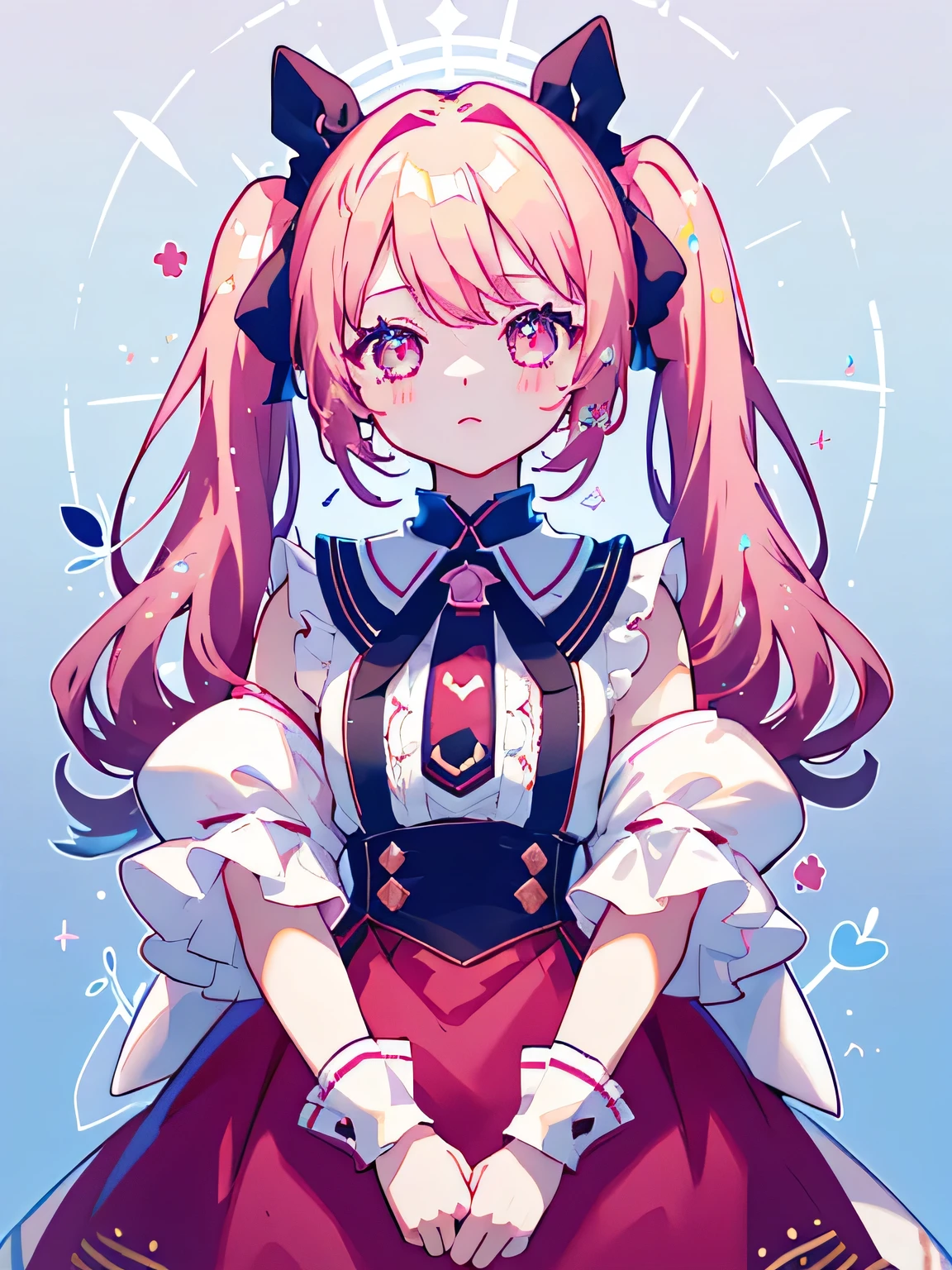 Xu high quality、Two-dimensional beautiful girl、cute、girl、Dark pink hair、Her hairstyle is twin tails..、Lots of races、cute costume、Original image 8K、live、Laughter、independent、Clothes with a collar、Fluffy short sleeves、Fluffy skirt、Beautiful background、super high quality、cute hairstyle、Shining Eyes、Upper body only