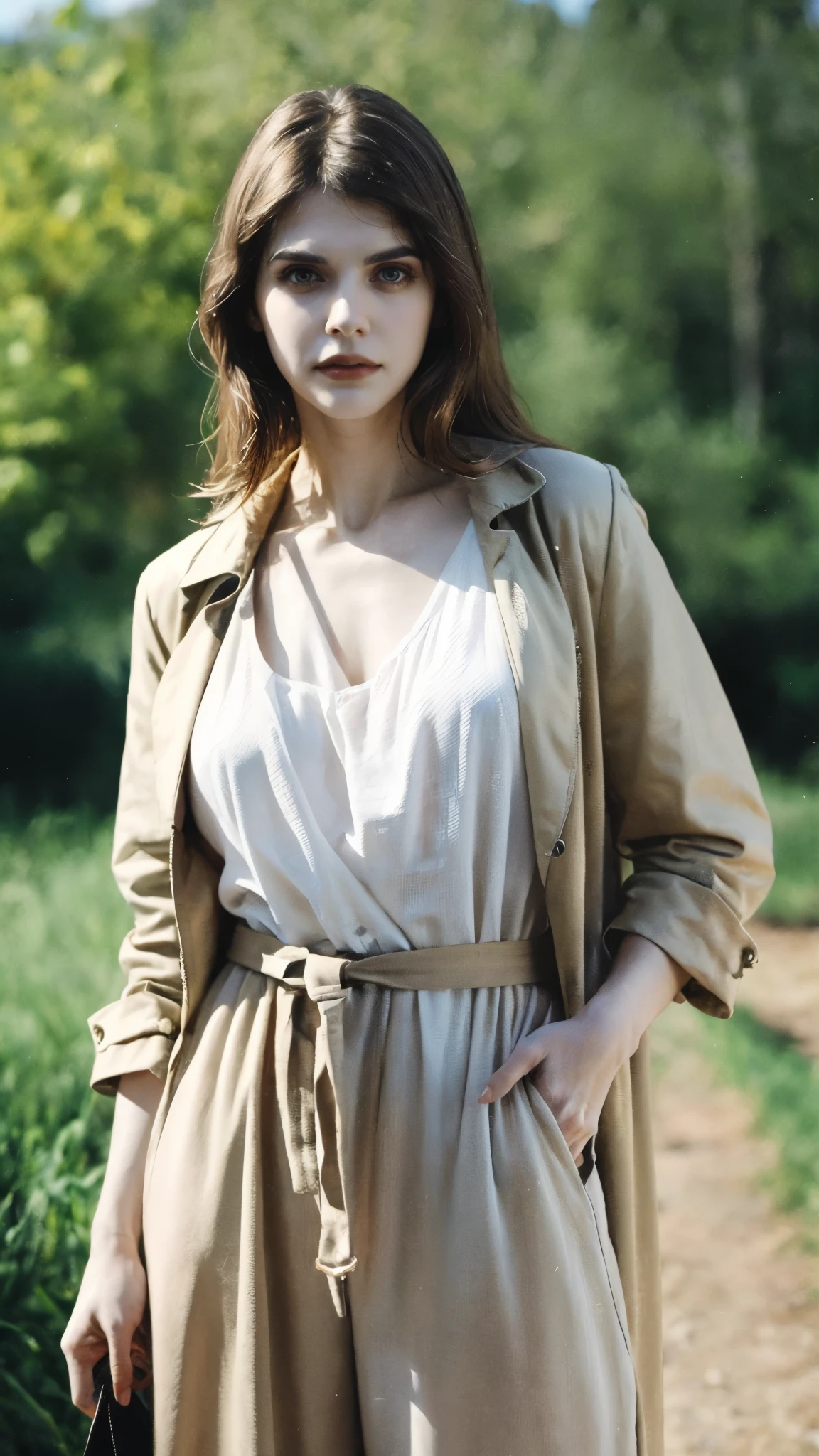 (masterpiece:1.2, best quality:1.2, extremely delicate:1.2), ((Alexandra Daddario:1.2)), a women with short sandy brown hair, long side-parted bangs, a melancholic gaze, a troubled expression, pale skin, a fantasy-style gray trench coat with a large collar, under which lies leather chest armor, a black belt, worn-out yellowish shoulder pads and wrist guards, utility trousers, the backdrop of a mountain wilderness at night, this character embodies a finely crafted fantasy-style adventurer, exquisite photography, Photo realism, photorealistic, goddess, pale skin, perfect skin, textured skin, detailed skin, porcelain skin, dramatic, high definition, highres, ultra-detailed, ultra-fine painting, professional, perfect body proportions, golden ratio, anatomically correct, symmetrical face, perfect eyes, extremely detailed eyes and face, high quality eyes, creativity, RAW photo, UHD, 32k, Natural light, cinematic lighting, (masterpiece-anatomy-perfect:1.2)