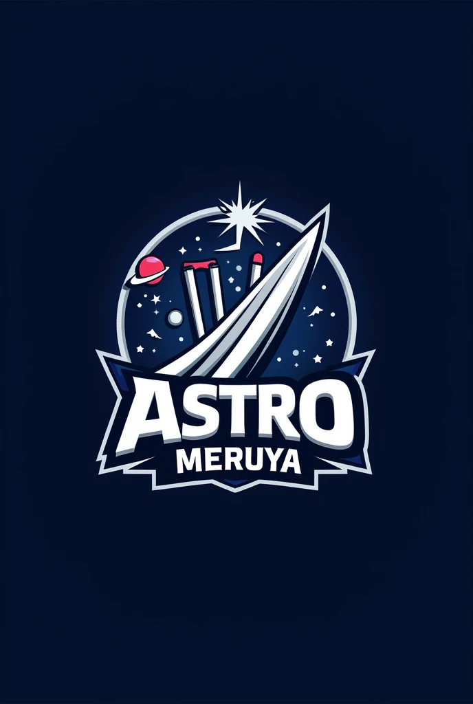 "Design a modern and dynamic cricket team logo for a team named 'Astro Meruya'. The logo should feature a storm or lightning theme, with a bold and energetic design. Include elements like a rocket, planet, stars, or stumps subtly integrated into the design. The color scheme should be a mix of dark blue, silver, and white to convey power and agility. The team name 'Astro Meruya' should be prominently displayed in a stylish, sporty font. The overall look should be sharp, professional, and suitable for a jerseyand merchandise."