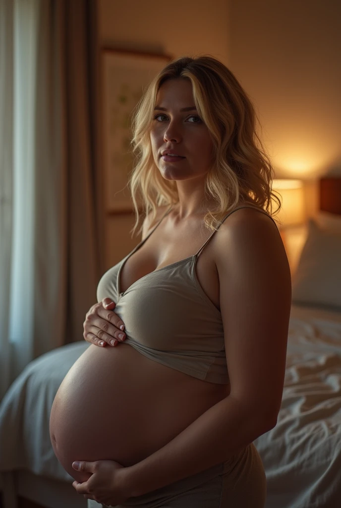 Pov of your eyes when a slightly chubby blonde British mother with a plus size body who is heavily pregnant and has thick lips wants to invite you to kiss her alone in the room., iphone camera style. 8k hd, realface, cinematic