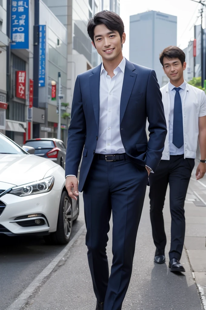 (Highest quality、Best image quality、Ultra-high resolution)、Japanese、Handsome、30 years old、Happy young Japanese businessman president、Very attractive businessman, Elegant outfit and standing facing forward、masterpiece、Photorealistic、The background is blurred、Big smile、Latest stylish suits 、Medium Hair、Super cool、Twink、Soft skin and perfect features、8k、Surreal、