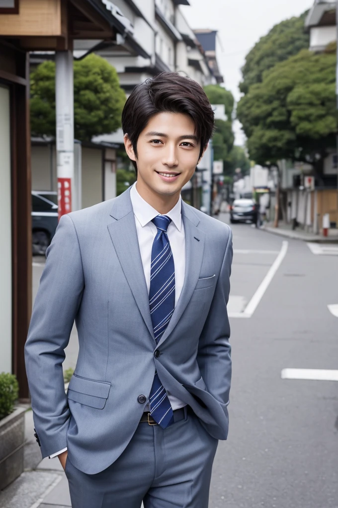(Highest quality、Best image quality、Ultra-high resolution)、Japanese、Handsome、30 years old、Happy young Japanese businessman president、Very attractive businessman, Elegant outfit and standing facing forward、masterpiece、Photorealistic、The background is blurred、Big smile、Latest stylish suits 、Medium Hair、Super cool、Twink、Soft skin and perfect features、8k、Surreal、