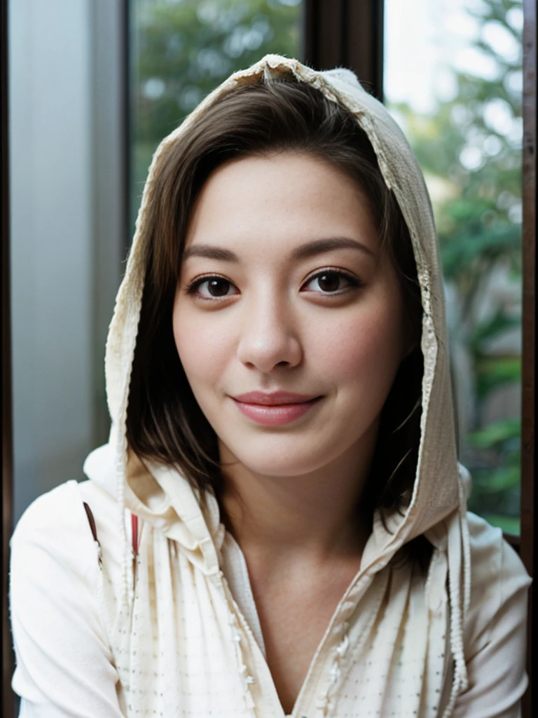 a Close-up portrait of gorgeous smiling cute Japanese woman in a glamorous laced dress outfit, delicate facial features, porcelain-skinned, realistic photo, real human texture skinned, bangs, a fusion of young Marion Cotillard's striking eyes and young Anne Hathaway's introspective gaze, long and slender cute face, curved eyebrows, droopy hooded eyes, lowest nasal bridge, slimmed wavy nose, smiling, thin lips, silhouette, bokeh, morning light window, depth of field, photo, film,