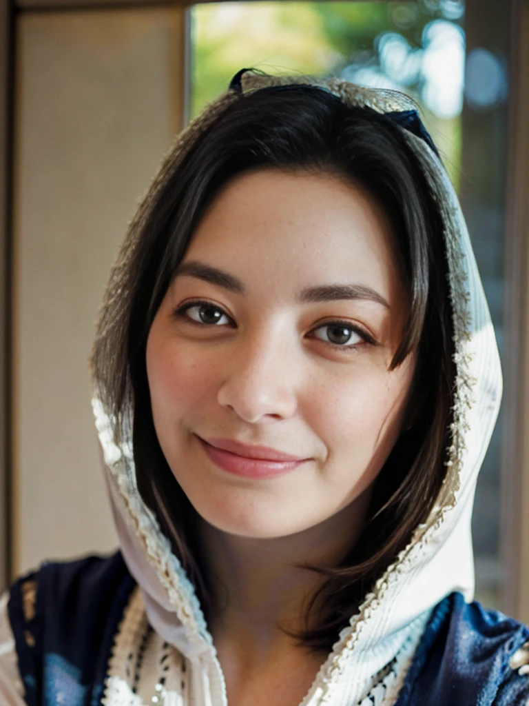 a Close-up portrait of gorgeous smiling cute Japanese woman in a glamorous laced dress outfit, delicate facial features, porcelain-skinned, realistic photo, real human texture skinned, bangs, a fusion of young Marion Cotillard's striking eyes and young Anne Hathaway's introspective gaze, long and slender cute face, curved eyebrows, droopy hooded eyes, lowest nasal bridge, slimmed wavy nose, smiling, thin lips, silhouette, bokeh, morning light window, depth of field, photo, film,