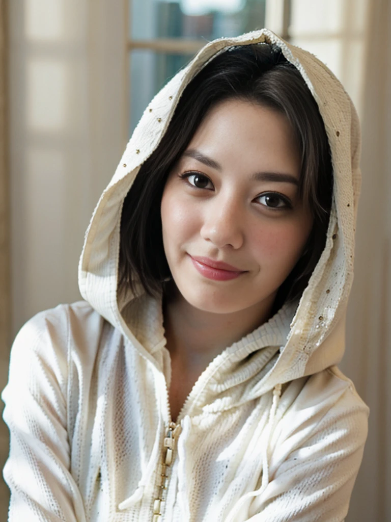 a Close-up portrait of gorgeous smiling cute Japanese woman in a glamorous laced dress outfit, delicate facial features, porcelain-skinned, realistic photo, real human texture skinned, bangs, a fusion of young Marion Cotillard's striking eyes and young Anne Hathaway's introspective gaze, long and slender cute face, curved eyebrows, droopy hooded eyes, lowest nasal bridge, slimmed wavy nose, smiling, thin lips, silhouette, bokeh, morning light window, depth of field, photo, film,