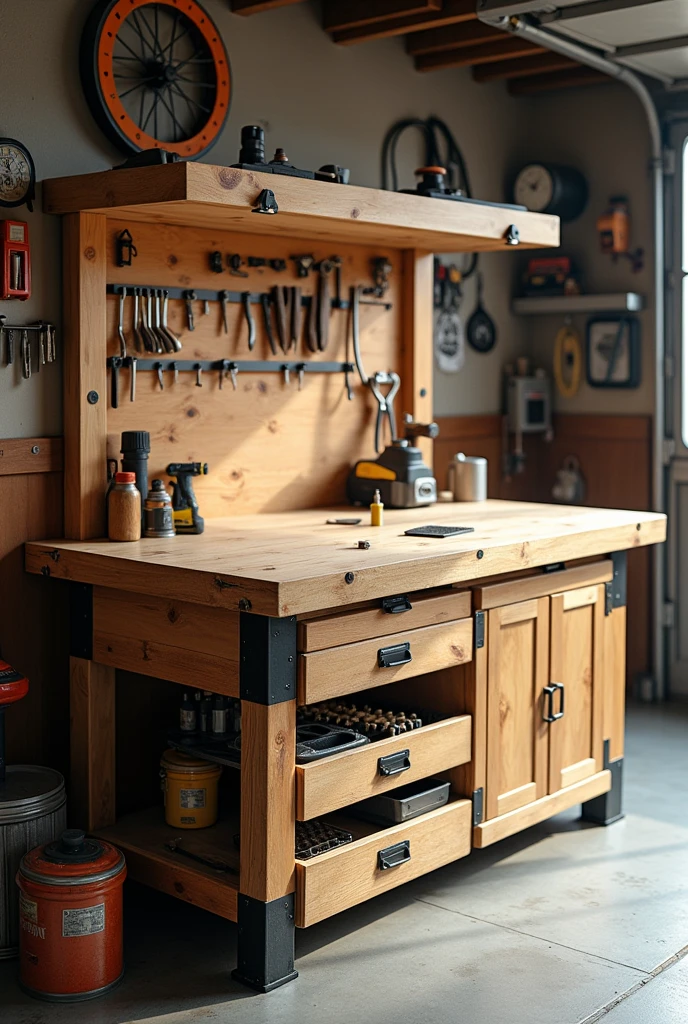 Table that opens and closes and contains tools inside, with horizontal drawers below and 1 meter