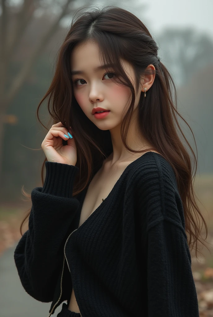 rolua,, , 1girl, ahoge, bangs, black skirt, black sweater, blue nails, blurry, blurry background, breasts, brown eyes, brown hair, brown jacket, closed mouth, dated, day, depth of field, earrings, eyelashes, hand up, head tilt, jacket, jewelry, long hair, long sleeves, looking at viewer, medium breasts, nail polish, open clothes, open jacket, outdoors, puckered lips, shirt tucked in, sidelocks, skirt, sleeves past wrists, solo, sweater, upper body, zipper, , , ((masterpiece)), ,