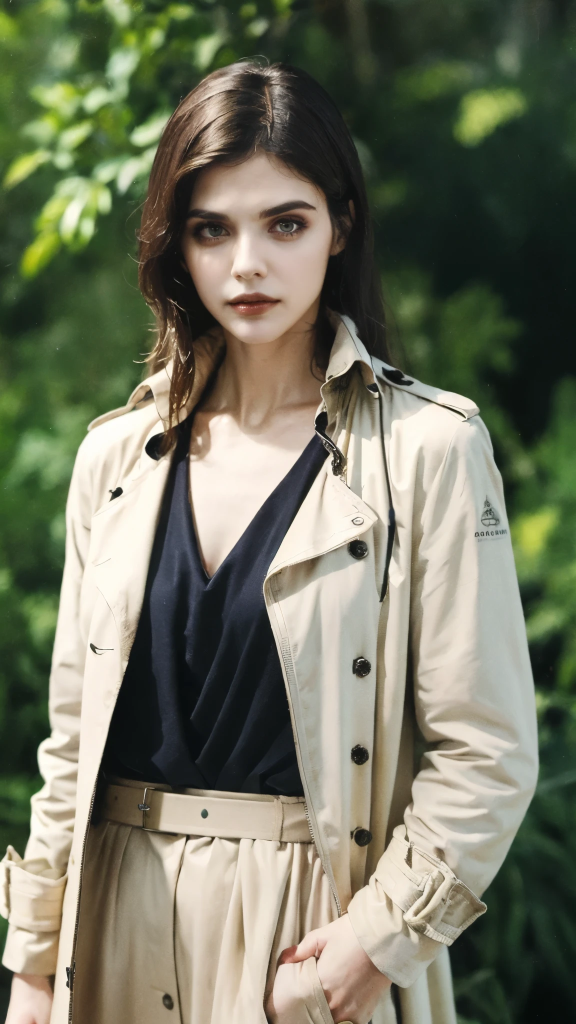 (masterpiece:1.2, best quality:1.2, extremely delicate:1.2), ((Alexandra Daddario:1.2)), a women with short sandy brown hair, long side-parted bangs, a melancholic gaze, a troubled expression, pale skin, a fantasy-style gray trench coat with a large collar, under which lies leather chest armor, a black belt, worn-out yellowish shoulder pads and wrist guards, utility trousers, the backdrop of a mountain wilderness at night, this character embodies a finely crafted fantasy-style adventurer, exquisite photography, Photo realism, photorealistic, goddess, pale skin, perfect skin, textured skin, detailed skin, porcelain skin, dramatic, high definition, highres, ultra-detailed, ultra-fine painting, professional, perfect body proportions, golden ratio, anatomically correct, symmetrical face, perfect eyes, extremely detailed eyes and face, high quality eyes, creativity, RAW photo, UHD, 32k, Natural light, cinematic lighting, (masterpiece-anatomy-perfect:1.2)