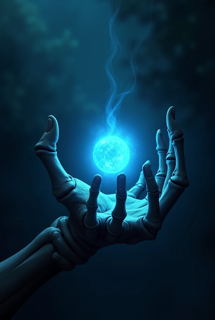 creates an outstretched skull hand and in its soul a ball of blue light representing healing