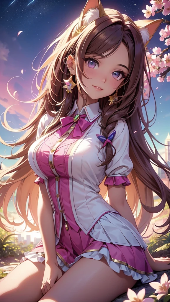 (best quality,4k,8k,highres,masterpiece:1.2),ultra-detailed,(realistic,photorealistic,photo-realistic:1.37),acrylic painting,beautiful Brazilian model in a uniform outfit with downy hair,beautiful Brazilian model with extremely colorful brown hair and detailed facial features,beautiful Brazilian model standing in a beautiful garden surrounded by a starry sky,brown hair,beautiful Brazilian model wearing a vibrant pink and teal uniform outfit,beautiful Brazilian model with intricate accessories,cat ears, ,beautiful Brazilian model with long flowing twintails,beautiful Brazilian model with bright brown eyes and rosy lips,beautiful Brazilian model with a joyful expression,beautiful Brazilian model in a dynamic pose with cherry blossoms falling around her,beautiful Brazilian model surrounded by colorful flowers and butterflies,beautiful Brazilian model's school uniform outfit adorned with cute bows and lace details,beautiful Brazilian model with an enchanting smile,beautiful Brazilian model with soft, pastel-colored shading,beautiful Brazilian model with a magical glow illuminating her,beautiful Brazilian model in a picturesque setting with a winding path leading to a magnificent castle,beautiful Brazilian model with a fairytale-like background,beautiful Brazilian model with a soft, dreamy atmosphere,beautiful Brazilian model with a subtle bokeh effect,beautiful Brazilian model standing under a sunny sky,beautiful Brazilian model with a warm, golden sunset in the background,beautiful Brazilian model surrounded by twinkling stars and colorful nebulae,creating an ethereal and captivating artistic masterpiece, sitting down, facing camera, suit uniform outfit 