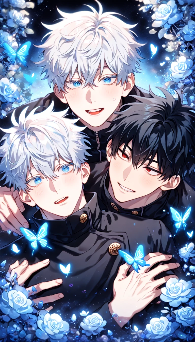 absurdres, highres, ultra detailed, HDR) master piece, best quality, extremely detailed, detailed eyes, detailed face, delicated features, Kang Woojin, black hair, messy hair, expressive red eyes, Love Jinx, Gojou Satoru, white hair, expressive blue eyes, white eyelashes, two sexy men hugging, yaoi, gay couple, in love, handsome, jujutsu Kaisen uniform, black uniform, high collar, fantasy, magical, glittering, water, blue flames, blue moon, blue flowers, blue butterflies, garden, Jujutsu Kaisen