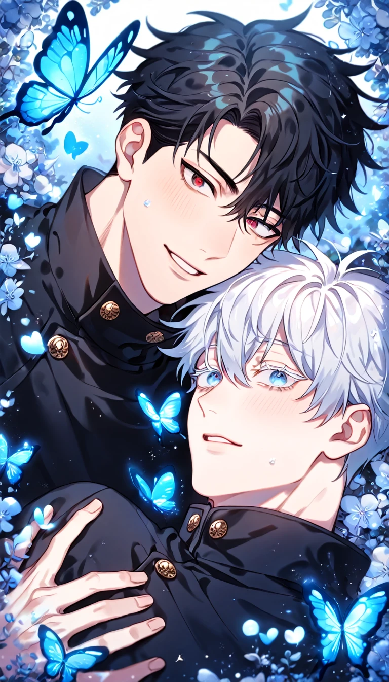 absurdres, highres, ultra detailed, HDR) master piece, best quality, extremely detailed, detailed eyes, detailed face, delicated features, Kang Woojin, black hair, messy hair, expressive red eyes, Love Jinx, Gojou Satoru, white hair, expressive blue eyes, white eyelashes, two sexy men hugging, yaoi, gay couple, in love, handsome, jujutsu Kaisen uniform, black uniform, high collar, fantasy, magical, glittering, water, blue flames, blue moon, blue flowers, blue butterflies, garden, Jujutsu Kaisen
