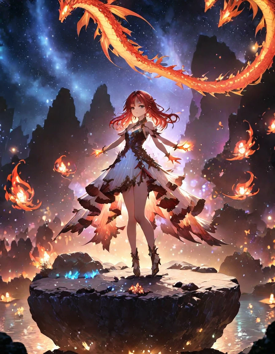 Highest quality、masterpiece、Very detailed、Finely detailed、High resolution、8k wallpaper、Fine and beautiful eyes、 girl with red hair、Exact number of fingers、Fire dragon on background、Gazing at the sky、Dancing on a big rock、Fantasy、Countless firefly-like lights are flying