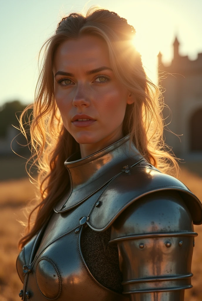 masterpiece), (extremely intricate: 1.3), (realist), portrait of a girl, the most beautiful in the world, (medieval armor), metal reflections, Upper part of the body, outdoor, intense sunlight, distant castle, professional photography of a stunning woman, detailed, sharp focus, dramatic, awarded, cinematic lighting, motor octane render unreal, volumetrics dtx, (film grain, blurred background, blurred closeup, bokeh, depth of field, sunset, Motion blur: 1.3), coat of mail

