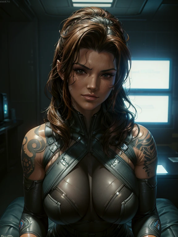 Detailed portrait cyberpunk (Gina Carano) (sks woman) (40 year old sks woman), futuristic neon reflective wear, sci-fi, robot parts, ismail inceoglu dragan bibin hans thoma greg rutkowski alexandros pyromallis nekro rene margitte illustrated, perfect face, round breasts, wide hips, ((tattoo)), brunette (long hair),, matte skin, pores, wrinkles, cameltoe, hyperdetailed, hyperrealistic,, Moody Lighting, Hasselblad Award Winner, Soft Diffuse Lighting, Smirk,, machine face, fine details, realistic shaded, intricate, elegant, dominatrix