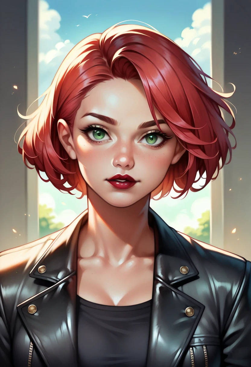(high-level image quality), (high quality), (high resolution), (detailed), (masterpiece), beautiful woman, ((caucasian)), green eyes, red hair, short hair, dark red lipstick, black top, leather jacket, leather pants, portrait, sexy