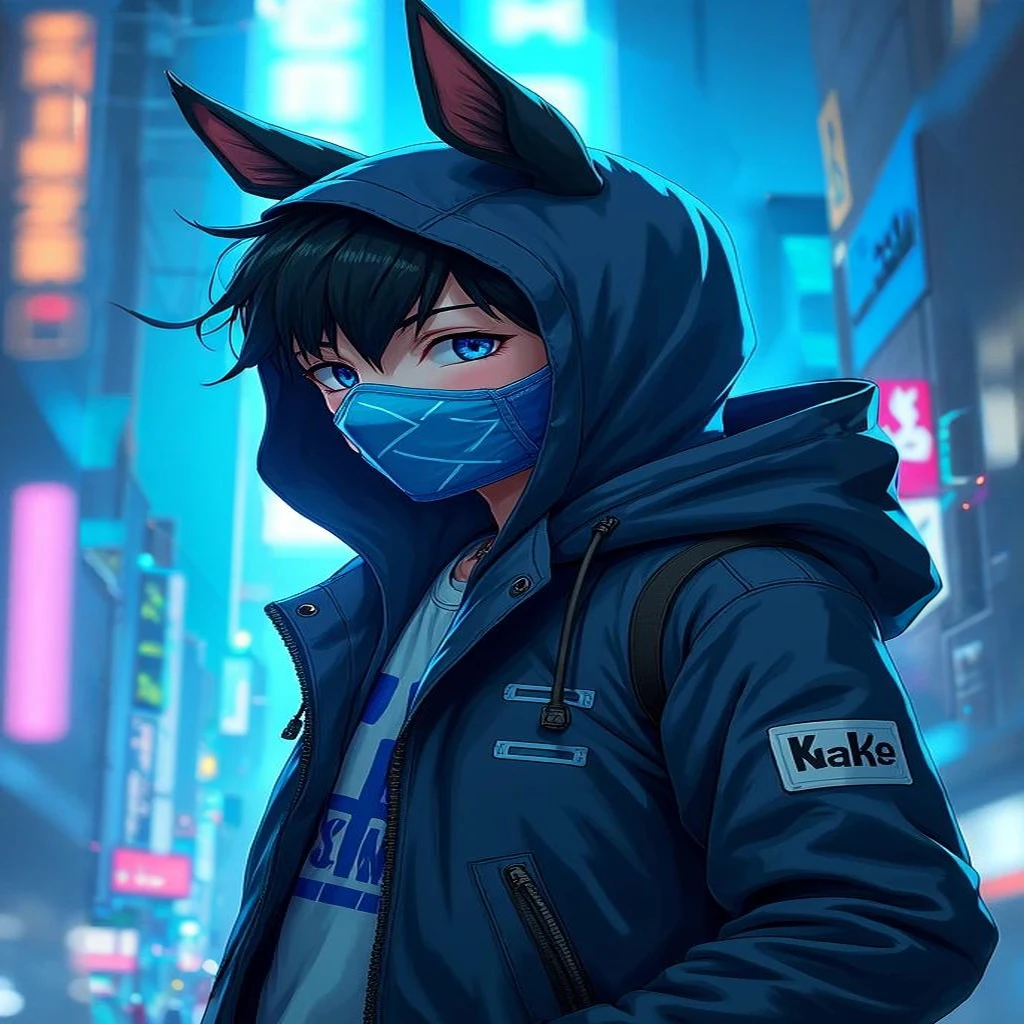 ager wearing a coat with a cap that has furry ears and a mask similar to Sub-Zero's. In neon blue color palette with light blue in anime style for YouTube channel logo