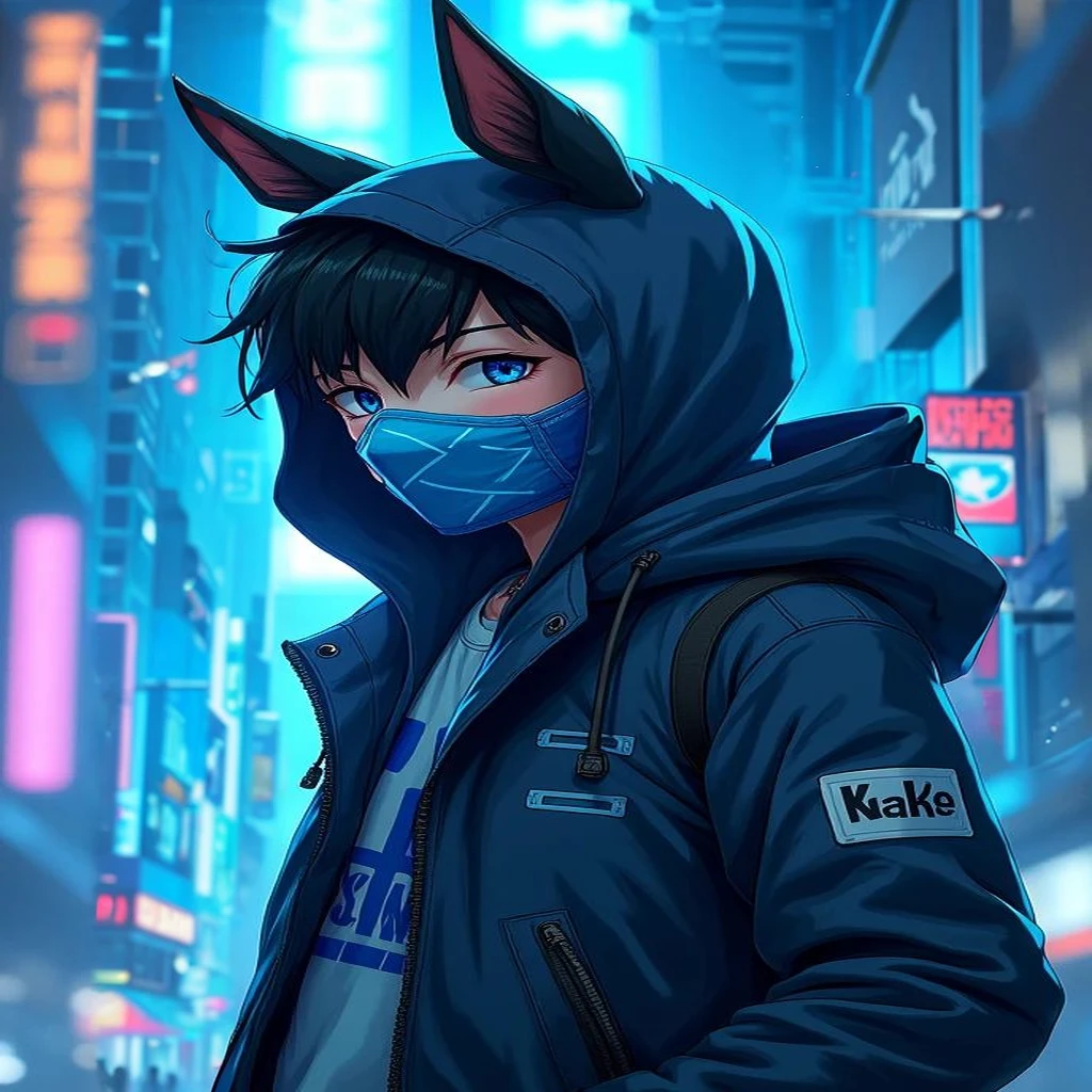 teenager wearing a coat with a cap that has furry ears and a mask similar to Sub-Zero's. In neon blue color palette with light blue in anime style for YouTube channel logo