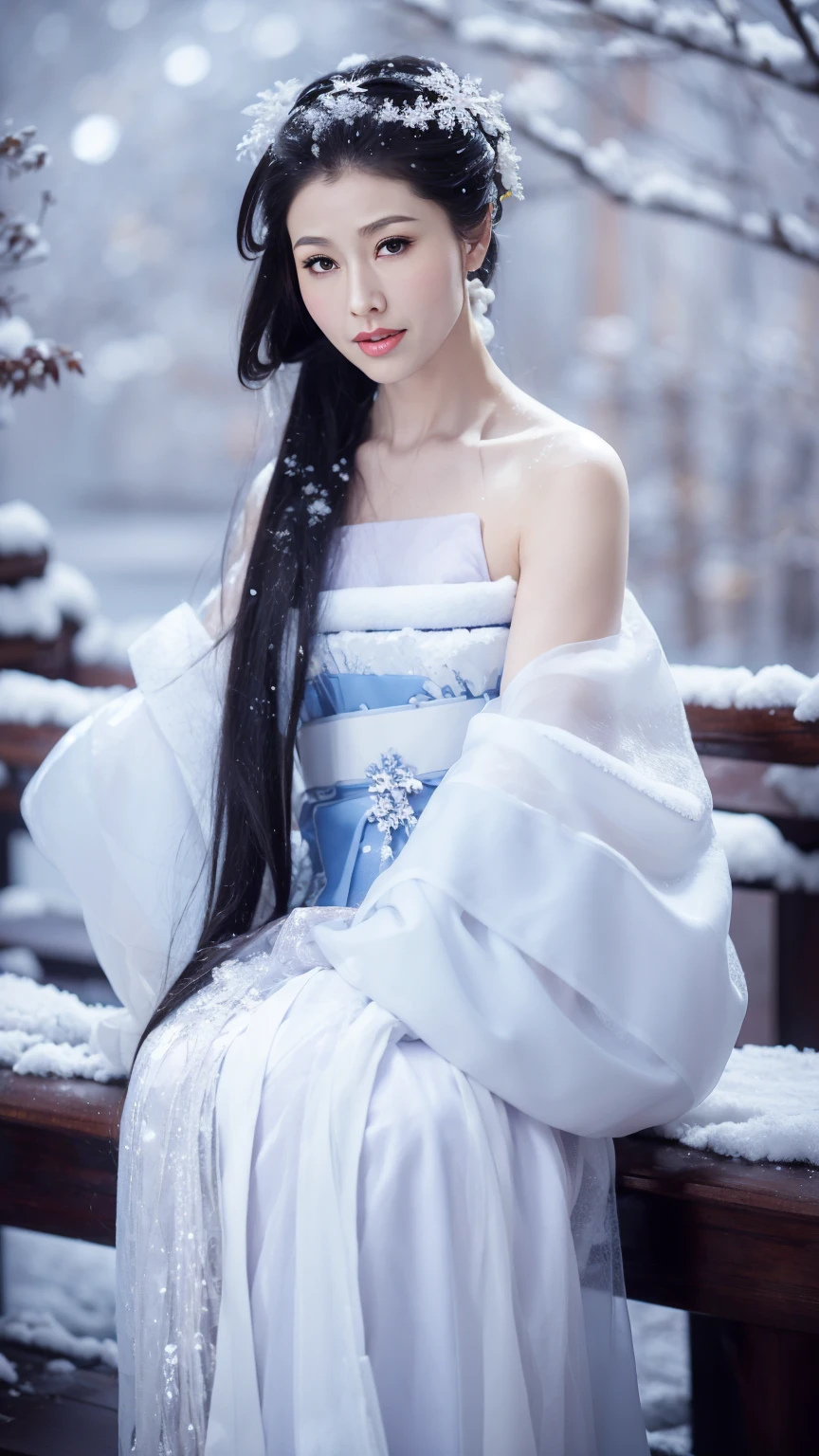 1 Fashion Model [[[[close up]]]], [[[[neck]]]], [[[[Shoulder]]]], (((Complete head)))，(((Complete hairstyle)))，Perfect eyes, Perfect Iris，Perfect lips，Perfect Teeth，Perfect skin，White skin，Soft headlights，High-density imaging，Black long hair，（Clean and delicate face），((White fur winter hanfu))，((full-body shot))，((The background is a snowy scene))，((winter))，((Various dynamic poses))，((The background is a snowy scene))，best quality，masterpiece，（Soft colors：1.2）