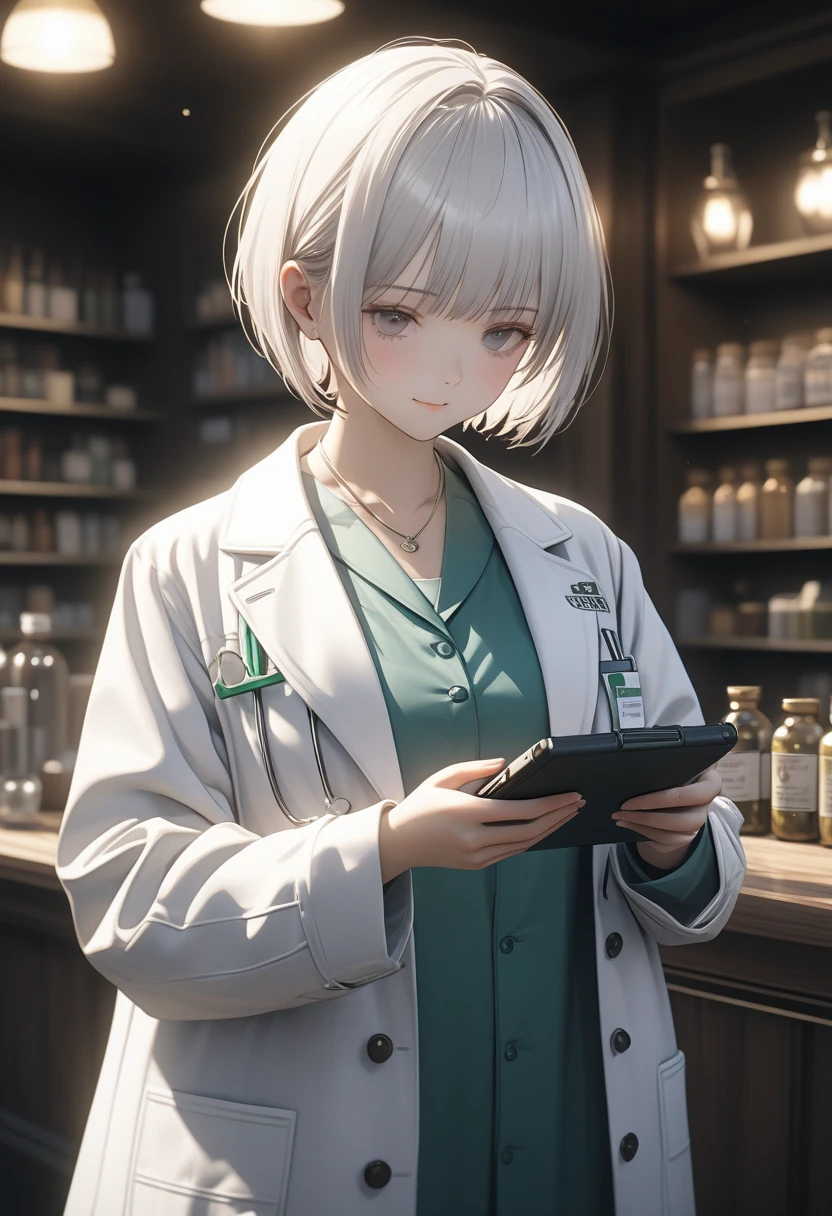 ((Highest quality)), ((masterpiece)), (detailed:1.4), Ray Tracing,NVIDIA,Super Resolution,Unreal 5,Scattered beneath the surface,PBR Texturing,Post-processing,Anisotropic Filtering,Depth of written boundary,Maximum clarity and sharpness,Female Pharmacist, (Look straight at me:1.3), (Polite service without tilting your head:1.2), (White Cheeks:1.3), (A white coat that hides the lines of the body:1.3), (No body line:1.3), (Super Short Hair:1.3) Cowboy Shot, 