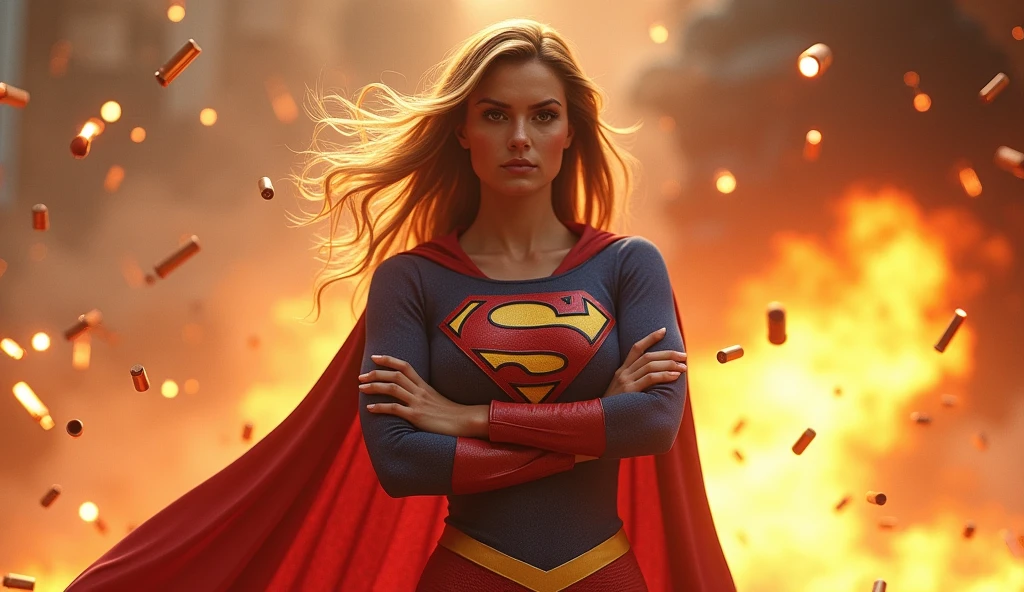 Balas de fogo resvalando no peito da Supergirl (((very beautiful old Superwoman of steel (((1980s Superwoman costume))) Julie Hagerty))) Super woman Julie Hagerty; confident, powerful, indestructible, attractive; big and firm chest; strong breasts; arms crossed