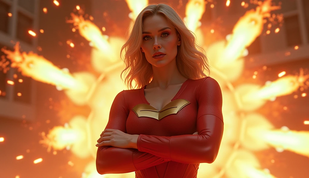 Balas de fogo resvalando no peito da Supergirl (((very beautiful old Superwoman of steel (((1980s Superwoman costume))) Julie Hagerty))) Super woman Julie Hagerty; confident, powerful, indestructible, attractive; big and firm chest; strong breasts; arms crossed