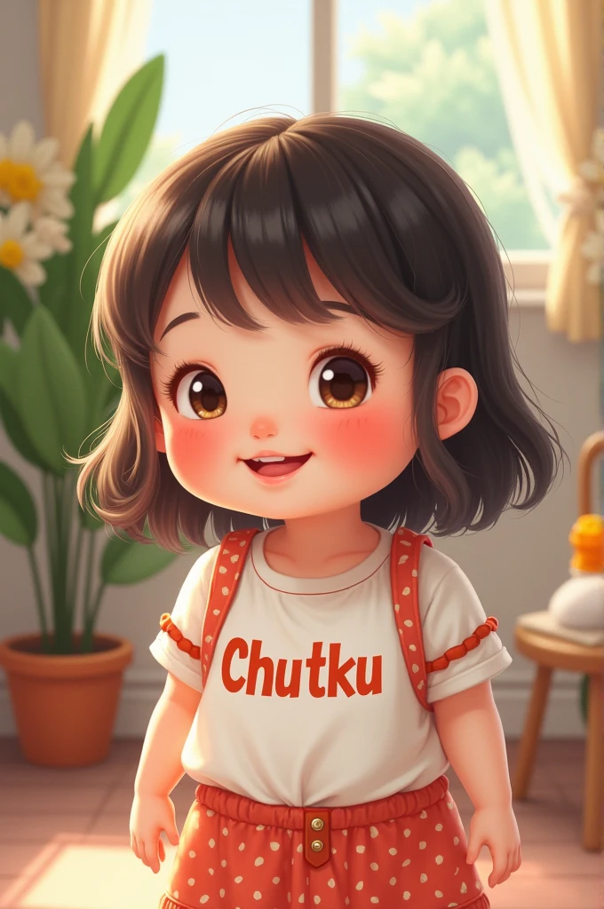 Create a chubby cute girl with tshirt name chutku