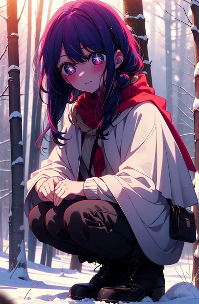 aihoshino, Ai Hoshino, Long Hair, bangs, (Purple eyes:1.1), Purple Hair, (Symbol-shaped pupil:1.5), smile,,smile,blush,white breath,
Open your mouth,snow,Ground bonfire, Outdoor, boots, snowing, From the side, wood, suitcase, Cape, Blurred, , forest, White handbag, nature, Squat, Mouth closed, Cape, winter, Written boundary depth, Black shoes, red Cape break looking at viewer, Upper Body, whole body, break Outdoor, forest, nature, break (masterpiece:1.2), Highest quality, High resolution, unity 8k wallpaper, (shape:0.8), (Beautiful and beautiful eyes:1.6), Highly detailed face, Perfect lighting, Highly detailed CG, (Perfect hands, Perfect Anatomy),