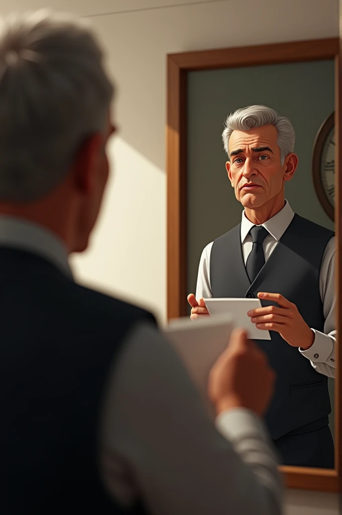 Juan practicing a speech in front of the mirror