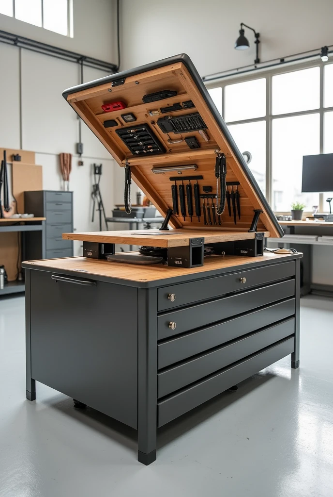 Table that opens and closes upwards and contains tools inside, with horizontal drawers below and 1 meter