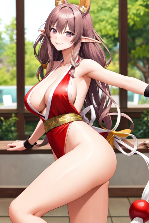 masterpiece, best quality, beautiful art, high resolution, well formed hands, body and fingers, 1 woman, solo, Rinna Mayfield, elf ears, red makeup, red lipstick,adult, grown up,  cosplaying as Mai Shiranui , mai_shiranui_cosplay, adult, large and big breasted, cleavage, full body , hair ribbon, gorgeous legs and, thighs, sexy Japanese clothes, hair ornament , sexy and bare legs , hips and thighs, panties peek, dancing seductively and erotically, turning backwards and forwards, showing her back and front, shaking her body alluringly, red t back thong, smiling joyfully, sweating ,looking at the viewer, bouncing breasts, sweating, flirting, biting her lips, beach environment 