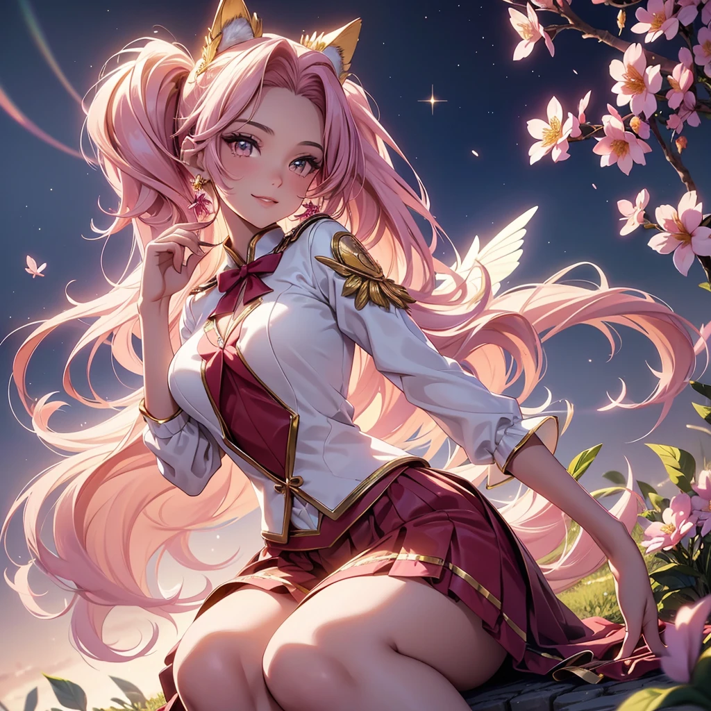 (best quality,4k,8k,highres,masterpiece:1.2),ultra-detailed,(realistic,photorealistic,photo-realistic:1.37),acrylic painting,beautiful Brazilian model in a uniform outfit pink with downy hair,beautiful Brazilian model with extremely colorful brown hair and detailed facial features,beautiful Brazilian model standing in a beautiful garden surrounded by a starry sky,pink hair,beautiful Brazilian model wearing a vibrant suit uniform outfit,beautiful Brazilian model with intricate accessories,cat ears, ,beautiful Brazilian model with long flowing twintails,beautiful Brazilian model with bright brown eyes and rosy lips,beautiful Brazilian model with a joyful expression,beautiful Brazilian model in a dynamic pose with sakura flowers falling around her,beautiful Brazilian model surrounded by colorful flowers and butterflies,beautiful Brazilian model's school uniform outfit adorned with cute bows and lace details red and gold,beautiful Brazilian model with an enchanting smile,beautiful Brazilian model with soft, pastel-colored shading,beautiful Brazilian model with a magical glow illuminating her,beautiful Brazilian model in a picturesque setting with a winding path leading to a magnificent castle,beautiful Brazilian model with a fairytale-like background,beautiful Brazilian model with a soft, dreamy atmosphere,beautiful Brazilian model with a subtle bokeh effect,beautiful Brazilian model standing under a sunny sky,beautiful Brazilian model with a warm, golden sunset in the background,beautiful Brazilian model surrounded by twinkling stars and colorful nebulae,creating an ethereal and captivating artistic masterpiece, sitting down, facing camera, suit uniform outfit
