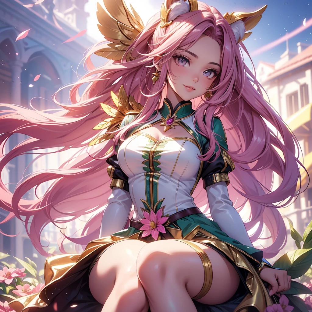 (best quality,4k,8k,highres,masterpiece:1.2),ultra-detailed,(realistic,photorealistic,photo-realistic:1.37),acrylic painting,beautiful Brazilian model in a uniform outfit pink with downy hair,beautiful Brazilian model with extremely colorful brown hair and detailed facial features,beautiful Brazilian model standing in a beautiful garden surrounded by a starry sky,pink hair,beautiful Brazilian model wearing a vibrant suit uniform outfit,beautiful Brazilian model with intricate accessories,cat ears, ,beautiful Brazilian model with long flowing twintails,beautiful Brazilian model with bright brown eyes and rosy lips,beautiful Brazilian model with a joyful expression,beautiful Brazilian model in a dynamic pose with sakura flowers falling around her,beautiful Brazilian model surrounded by colorful flowers and butterflies,beautiful Brazilian model's school uniform outfit adorned with cute bows and lace details red and gold,beautiful Brazilian model with an enchanting smile,beautiful Brazilian model with soft, pastel-colored shading,beautiful Brazilian model with a magical glow illuminating her,beautiful Brazilian model in a picturesque setting with a winding path leading to a magnificent castle,beautiful Brazilian model with a fairytale-like background,beautiful Brazilian model with a soft, dreamy atmosphere,beautiful Brazilian model with a subtle bokeh effect,beautiful Brazilian model standing under a sunny sky,beautiful Brazilian model with a warm, golden sunset in the background,beautiful Brazilian model surrounded by twinkling stars and colorful nebulae,creating an ethereal and captivating artistic masterpiece, sitting down, facing camera, suit uniform outfit 