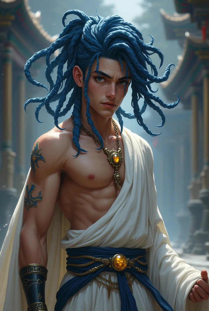 League of legends style, dark blue dreadlocks in the shape of tentacles, ancient warrior clothes, emperos clothes, masculine, young man without many muscles, no beard, human ears, white clothes, yellow jewel pendant on the neck, clothes that show the body. Do not change anything from this original image, just take off the cape and the sleeve on the arm