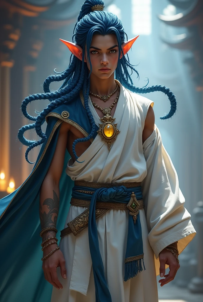 League of legends style, dark blue dreadlocks in the shape of tentacles, ancient warrior clothes, emperos clothes, masculine, young man without many muscles, no beard, human ears, white clothes, yellow jewel pendant on the neck, clothes that show the body. Do not change anything from this original image, just take off the cape and the sleeve on the arm