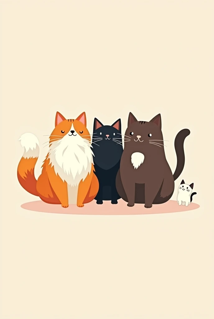create me a wallpaper of 4 cats together happy 1 orange with white with lots of hair big 1 big chubby black 1 dark brown with white on its chest big 1 only white with black small not so much in minimalist style drawing