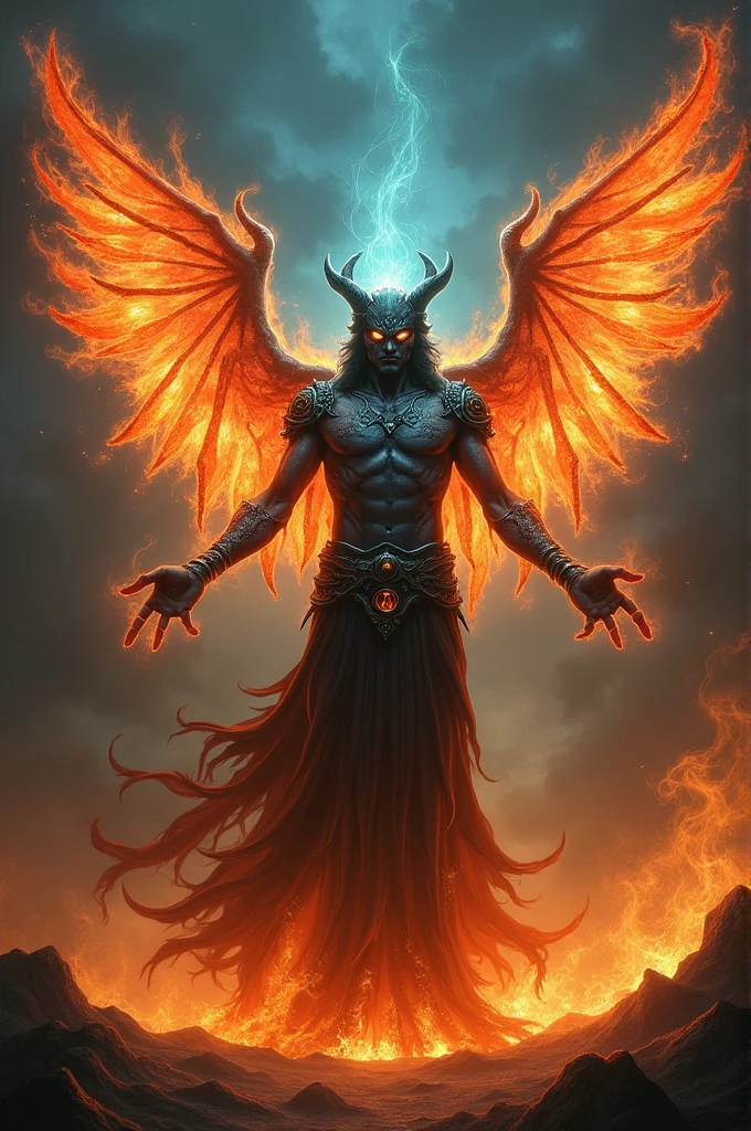 a person possessed by a demon king has the power of fire, air, and the wind,have wings, surrounded by a strong aura