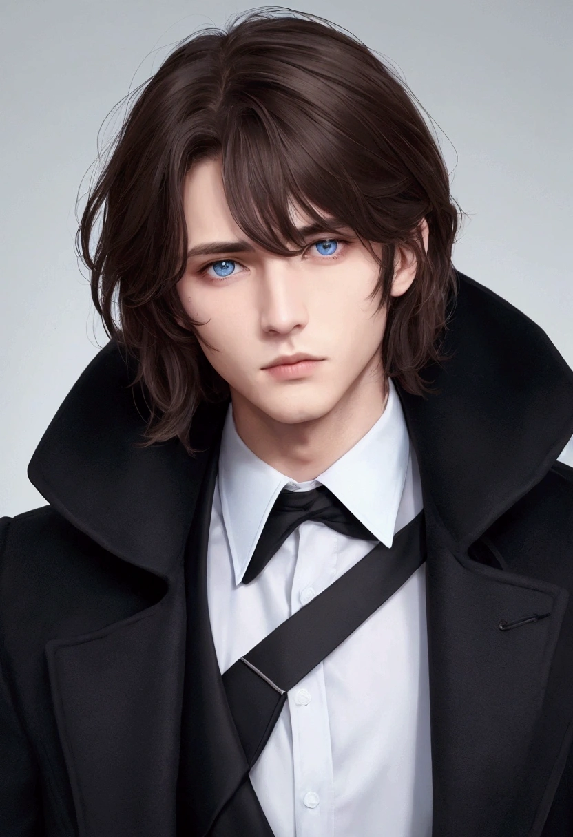 man with very messy brown curly hair, shorth hair, blue colored eyes, very square face, no facial expression, wearing a black overcoat, middle-age