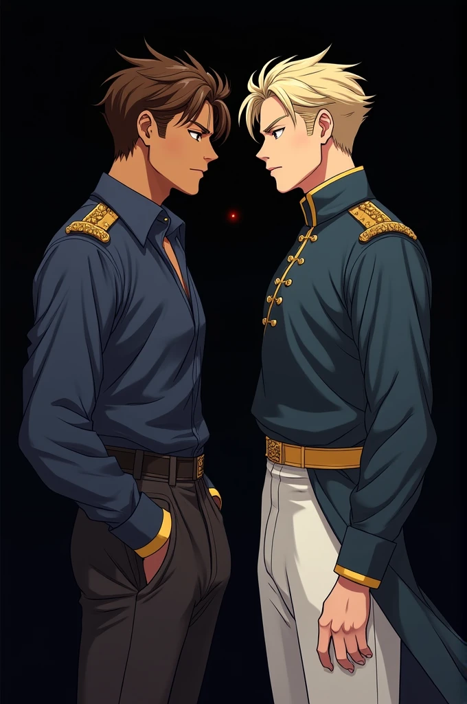 Two princely men, one of them dark brown, chestnut hair, Brown eyes, wearing a shirt with a V-neck and navy blue high-waisted pants. The other blond man, clear eyes, skin fair, wearing an official prince costume. The two in a manhwa style drawing with a black background. The dark brown man is bigger than the blond man. The blond man wears white pants.