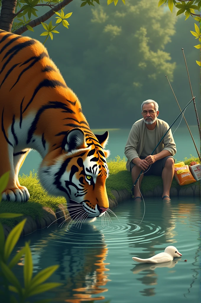 A tiger is drinking water in a pond.  above his head.  a man  Fishing with chips.