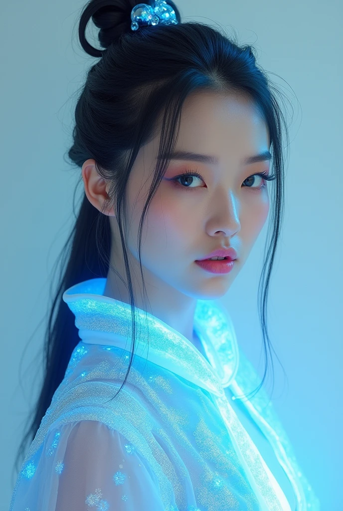 A luminous Chinese beauty (Dilraba Dilmurat) from ancient dynasties (221 BCE - 220 CE) stands majestically against a neutral background, her vibrant white-blue twotone Wuxia attire radiating an otherworldly aura. David Lachapelle's lens captures the frozen moment of her polished body, Si-fi graphics luminescent attire, and captivating gaze meeting the camera with unflinching intensity. reflected light liquid metal fabric attire, 8K resolution reveals razor-sharp features, high-contrast details, and Traditional Chinese hairstyles, while a subtle sheen on her lips hints at the application of Traditional lipstick, spiritual cosmic to realistic, reflected light Glass hair pin