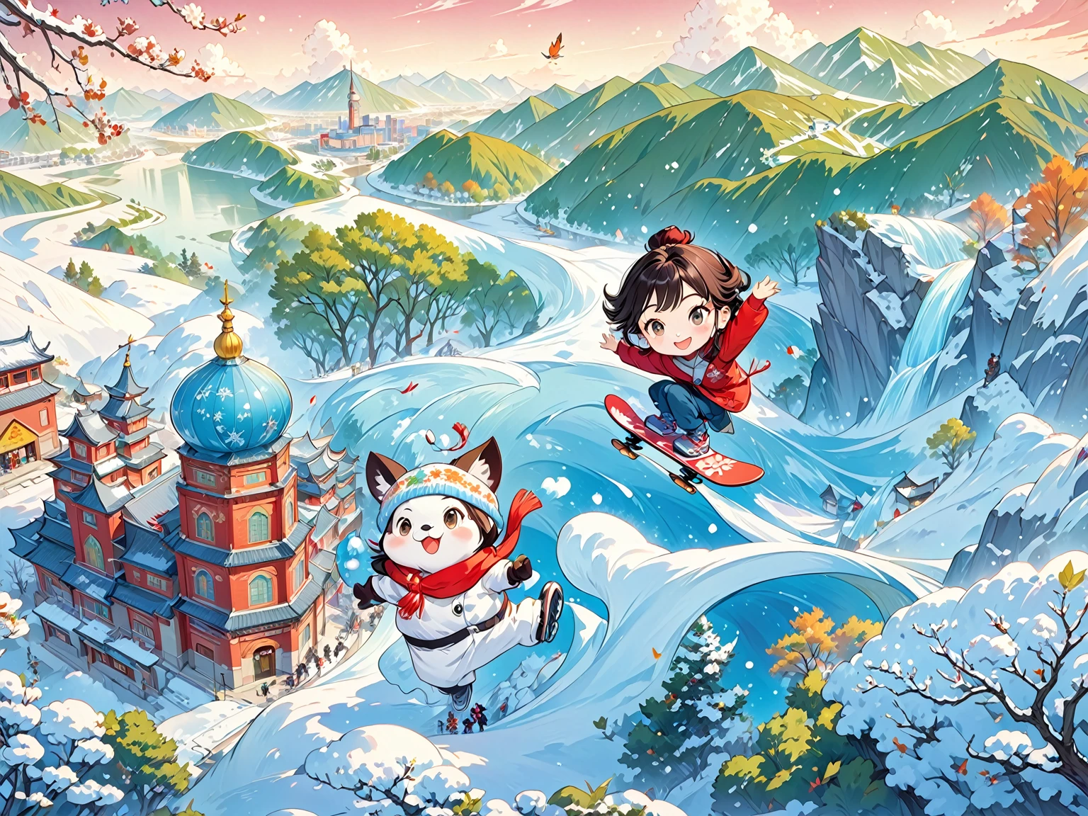 A cartoon man on snowboard in the city, Official Fanart, 8K cartoon illustration, Hand drawn cartoon art style, Cold as ice! 🧊, Official Art, Official Artwork, Official illustrations, Dreamy China, Propaganda Art in the 2020s, A beautiful artistic illustration, Lovely and detailed digital art, Beijing, Inspired by Ma Yuanyu，Heilongjiang，church，Harbin Sofia Church，