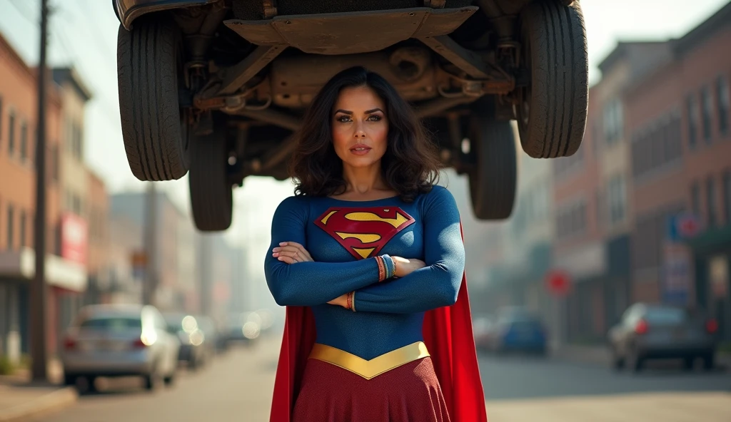 (((very beautiful old Supergirl ("woman of steel"); (((1980s costume))) Julie Hagerty(((dark-haired, large-breasted woman in her 50s)))) Super woman Julie Hagerty; confident, powerful, indestructible, attractive; big and firm chest; strong breasts; arms crossed, levanta facilmente um a car on the road sobre sua cabeça; arms of a strong woman. HD. Photograph, ((realism)), extremely high quality RAW photograph, ultra detailed photograph, sharp focus, high resolution, (detailed skin:1,3),high quality, film grain, Fujifilm XT3,Highly Detailed, movie, (Cinematic Photo:1.3) of (Realistic:1.3)